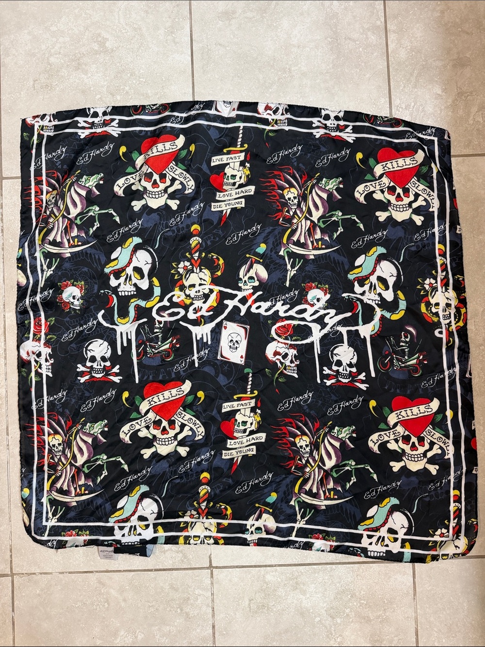 Ed Hardy Black Skull & Tattoo Print Pocket Square with Red Accent